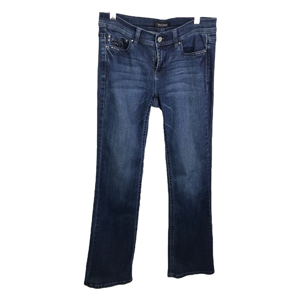 White House Black Market Women's 4R Boot Leg Jeans Noir Blue Embroidered Pockets